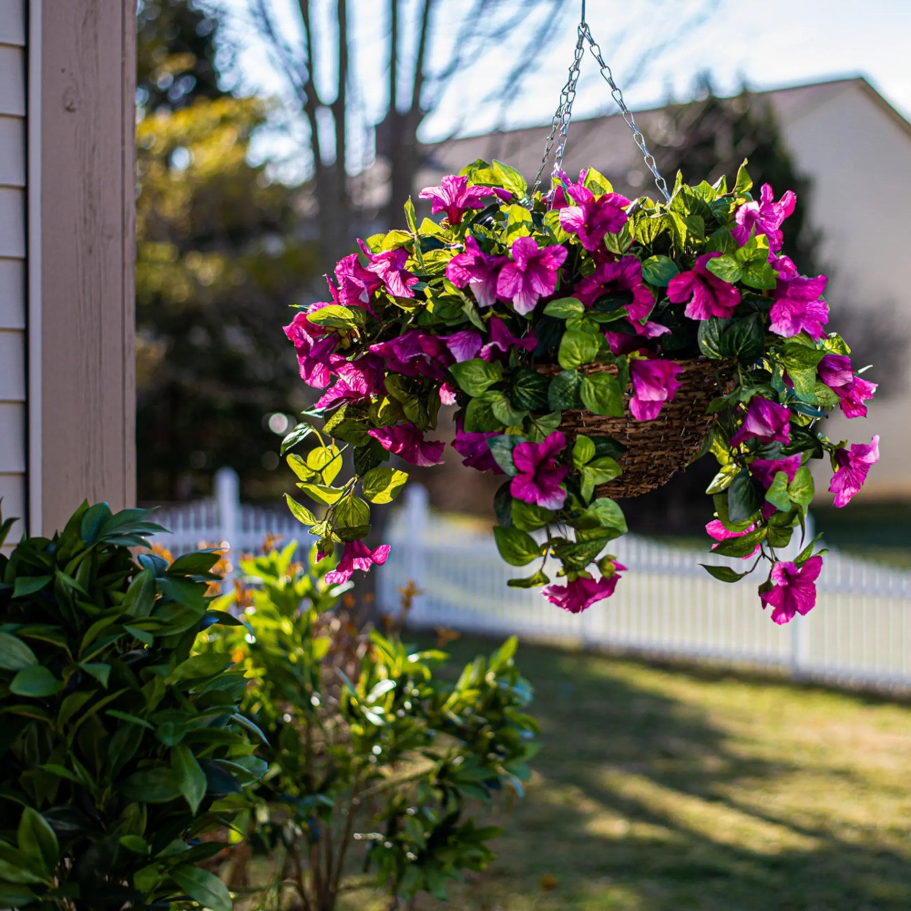 hanging artificial plants Cascading Magenta Petunia Artificial Plant in Round Rattan Hanging – Darby Creek Trading