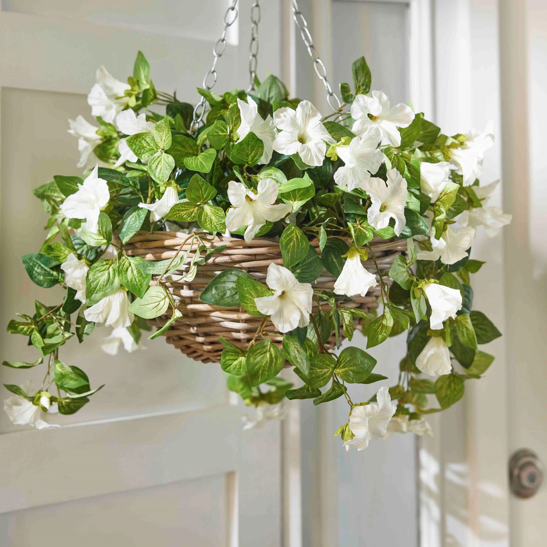 artificial plants in hanging pots Cascading White Petunia Artificial Plant in Round Rattan Hanging – Darby Creek Trading