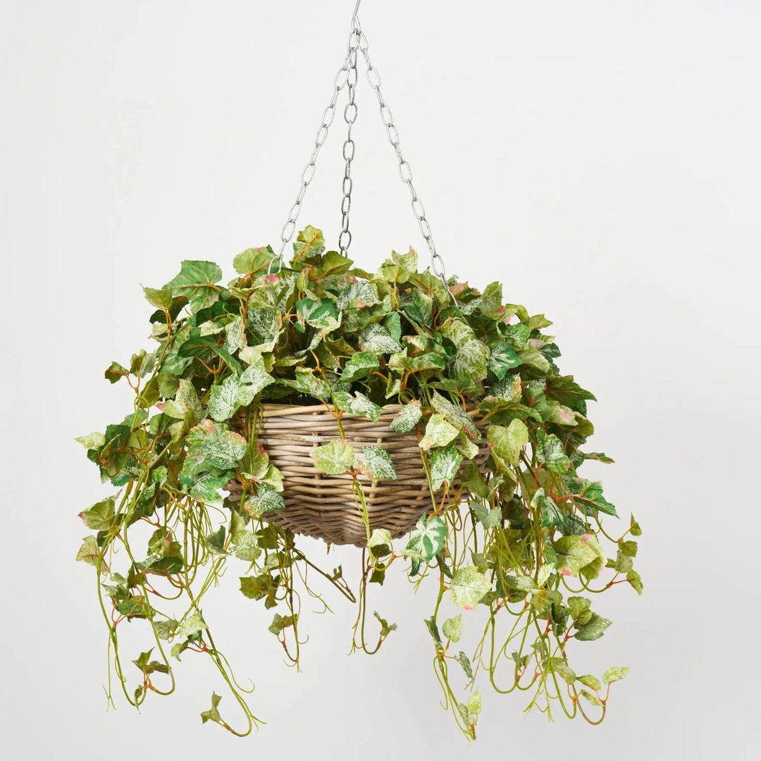 silk hanging plants baskets All Seasons Frosted Grape Leaf Hanging Basket Everyday Faux Greenery
