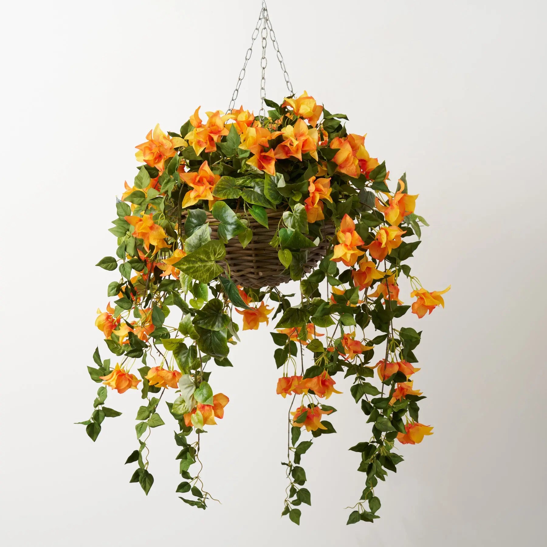 bougainvillea hanging basket silk plant Draping Orange Bougainvillea in Rattan Basket Faux Floral Spring – Darby Creek Trading