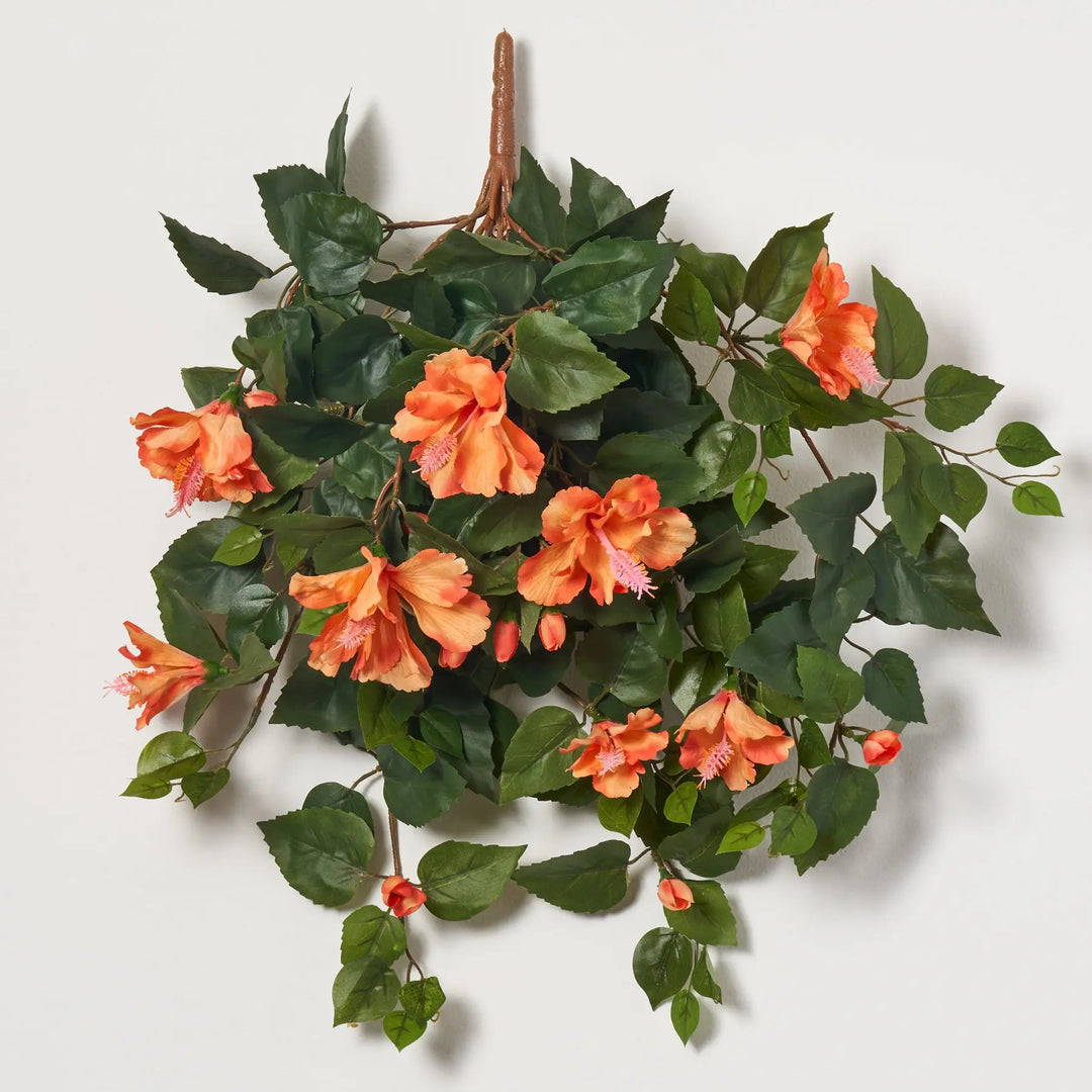 hibiscus hanging plant Orange Hibiscus Bloom & Bud 26" Hanging Tropical Faux Floral Bush – Darby  Creek Trading