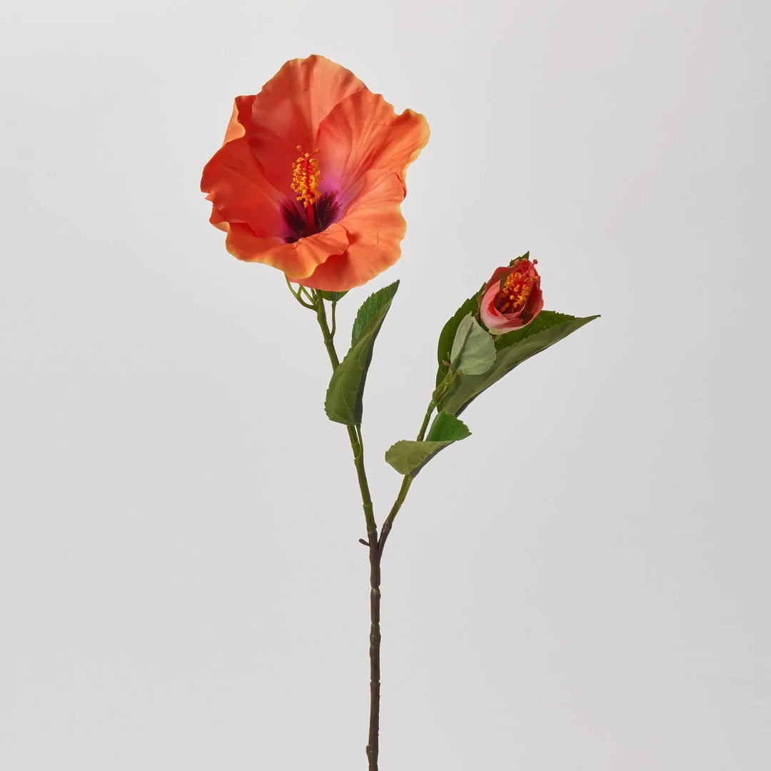 Tropical Orange Hibiscus Spray Bloom & Bud Faux Floral Stem - 26