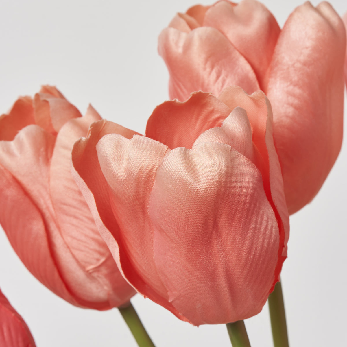 Coral Pink Silk Tulip Spray Bloom & Leaf Stem Bouquet - 20