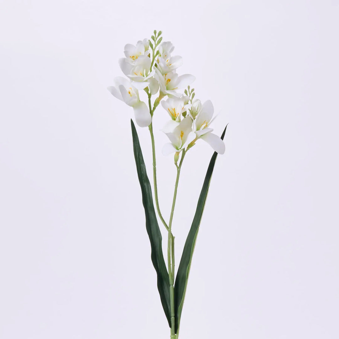 White Real Touch Freesia Bloom & Leaf Foliage Single Faux Floral