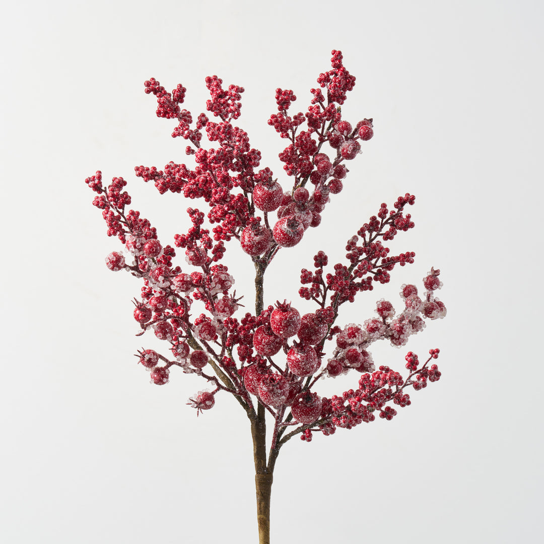 Iced Red Berry Cluster Branch Stem Winter Spray - 26