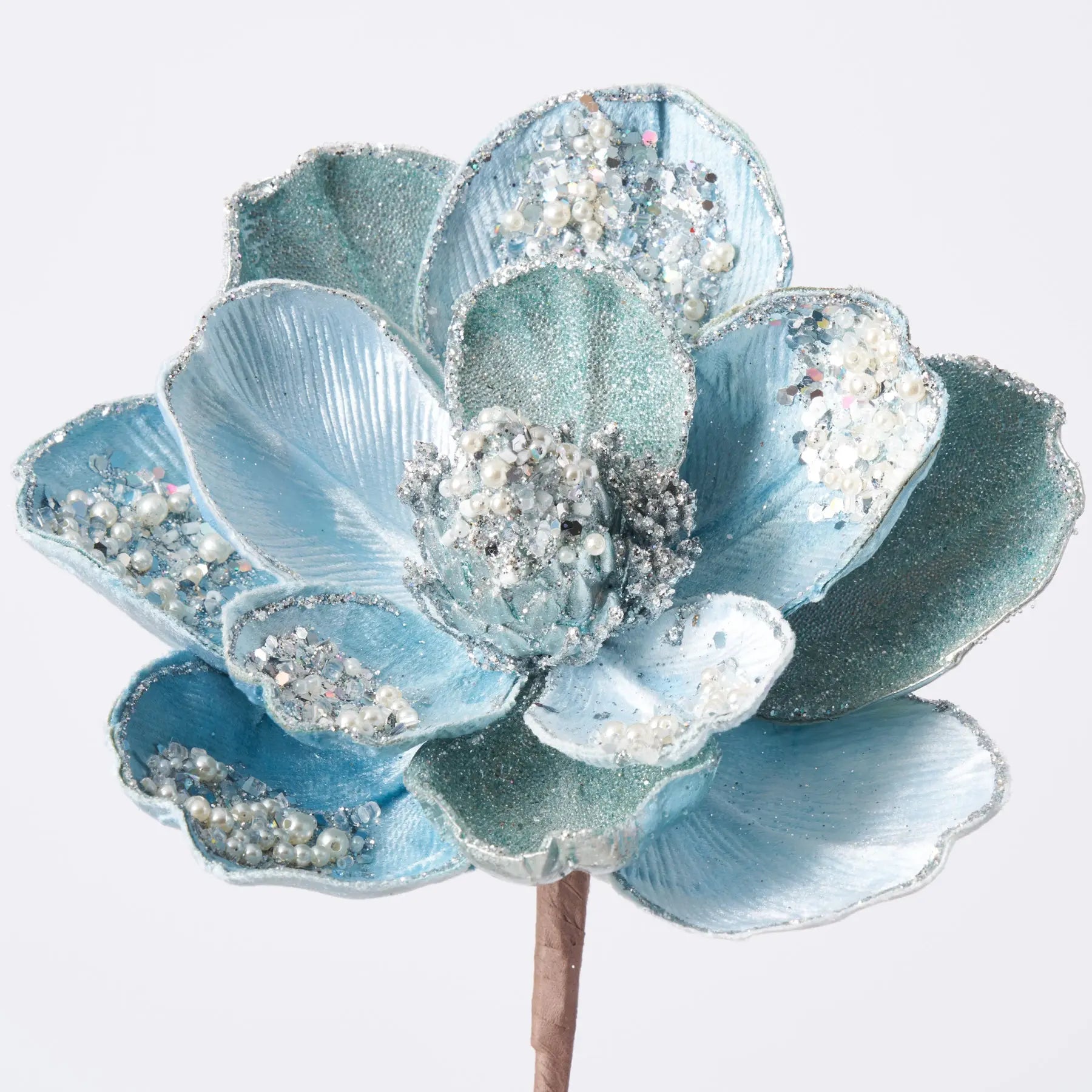 Light Blue Velvet Beaded & Sequined Adorned Magnolia Bloom Faux
