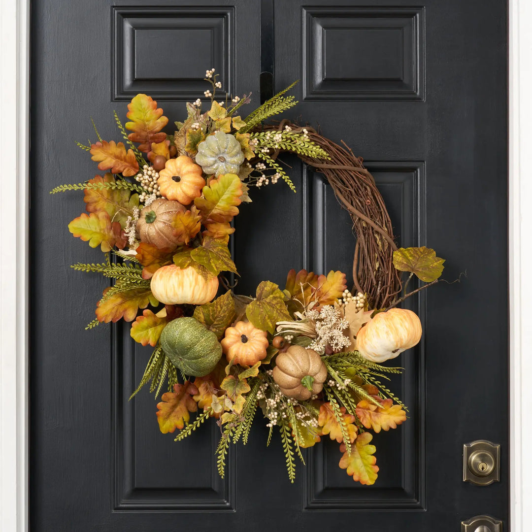 Sage, Orange & Brown Pumpkin Asymmetrical Fall Wreath 24
