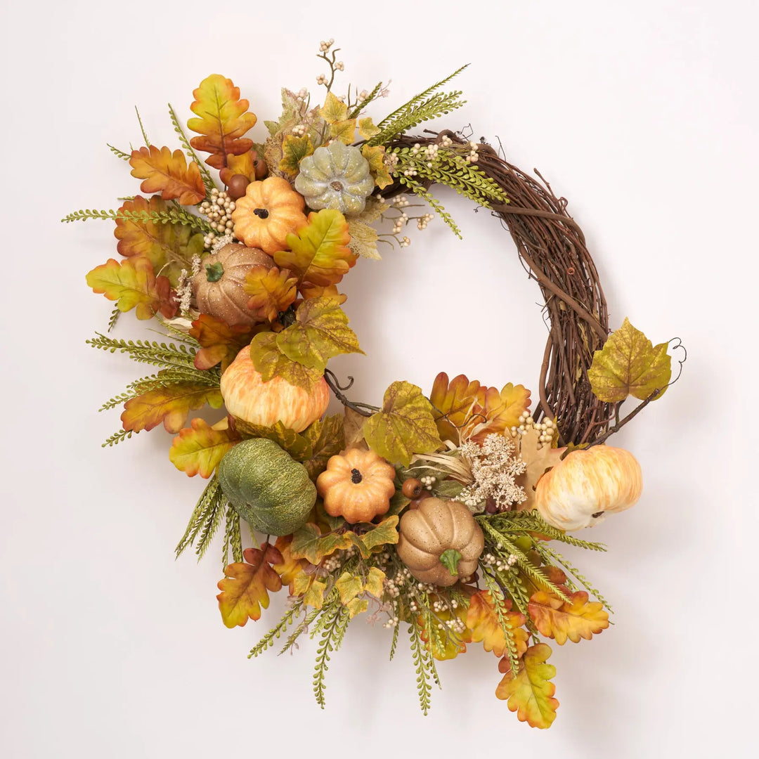 Sage, Orange & Brown Pumpkin Asymmetrical Fall Wreath 24