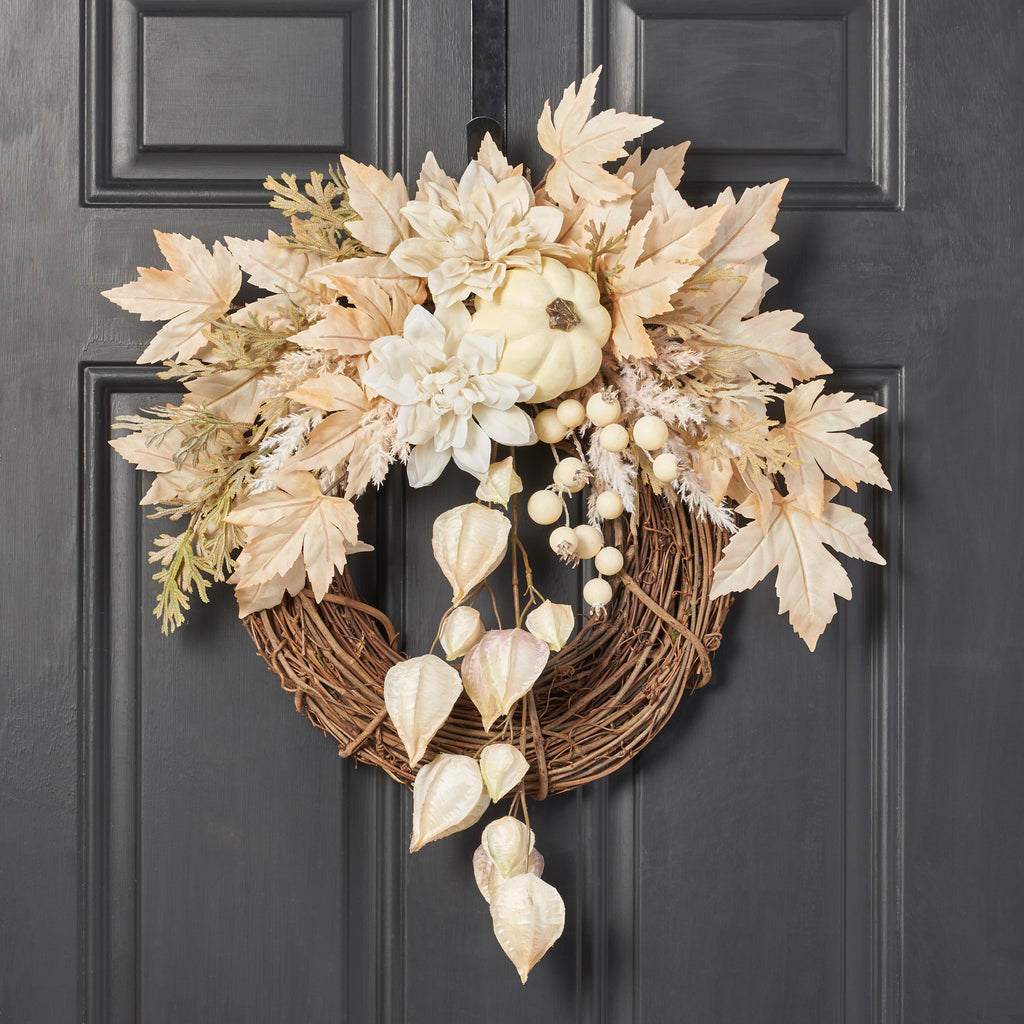 Linen Leaves & Floral Blooms Half Wreath Fall Mantel Decor – Darby 