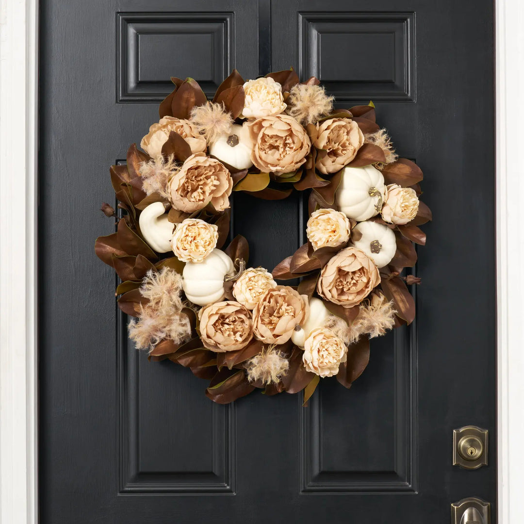Peonies & Pumpkins Neutral Fall Wreath with Magnolia Leaves