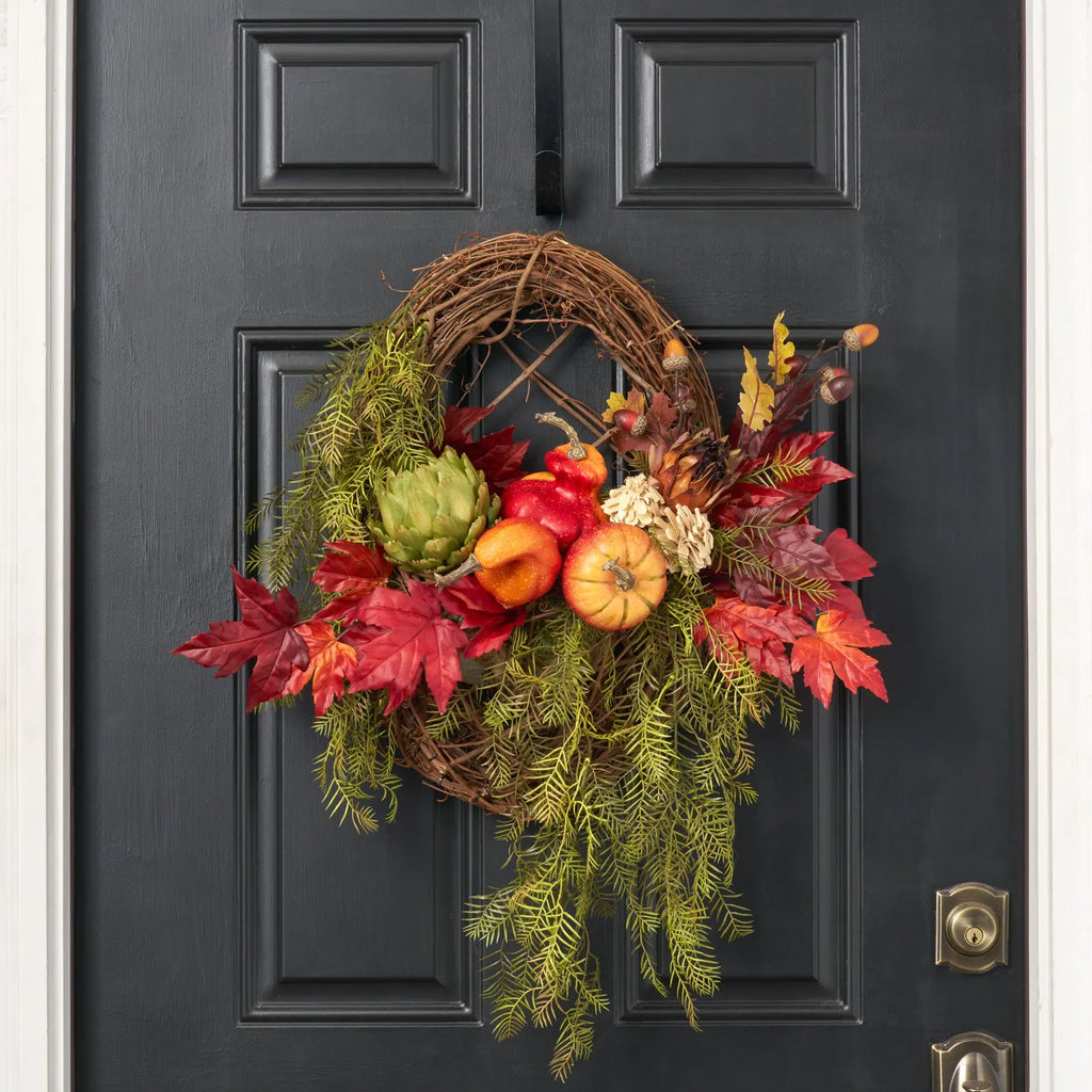 Heirloom Harvest Artichoke, Pumpkin & Gourd Fall Basket Wreath