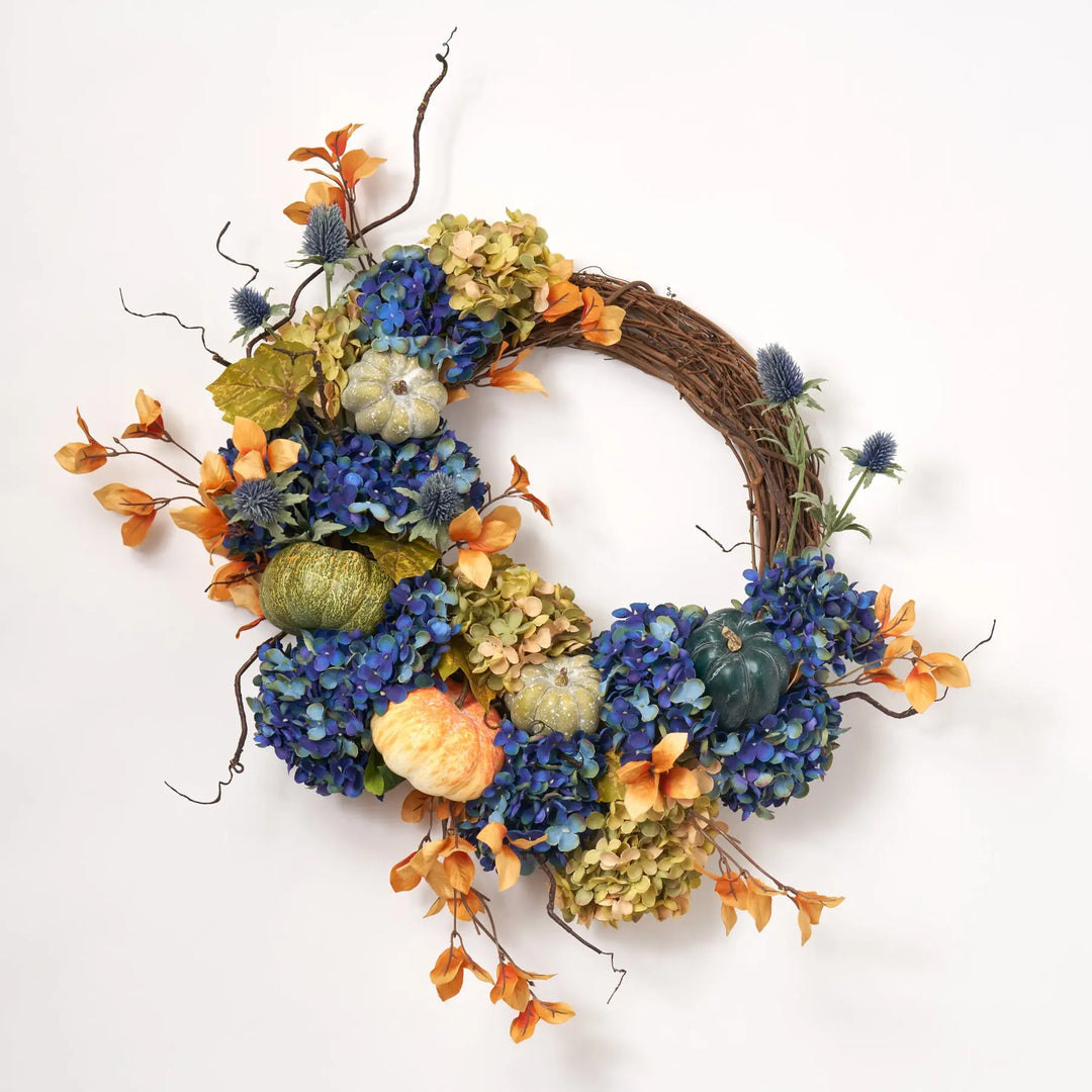 Blue Hydrangea & Pumpkin Fall Front Door Wreath 26
