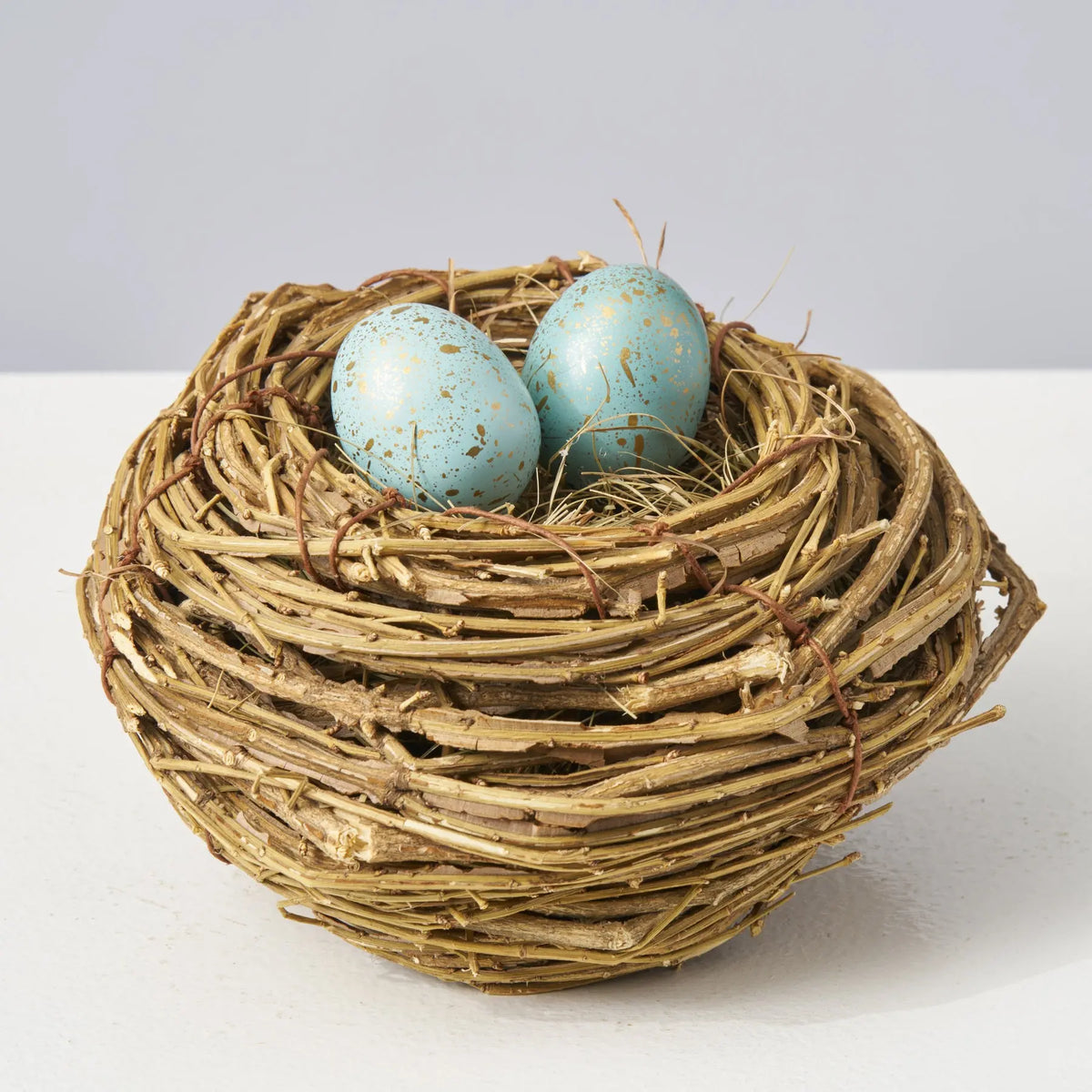 Woven Twig Faux Bird Nest with Two Blue Metallic Speckled Eggs - Darby ...