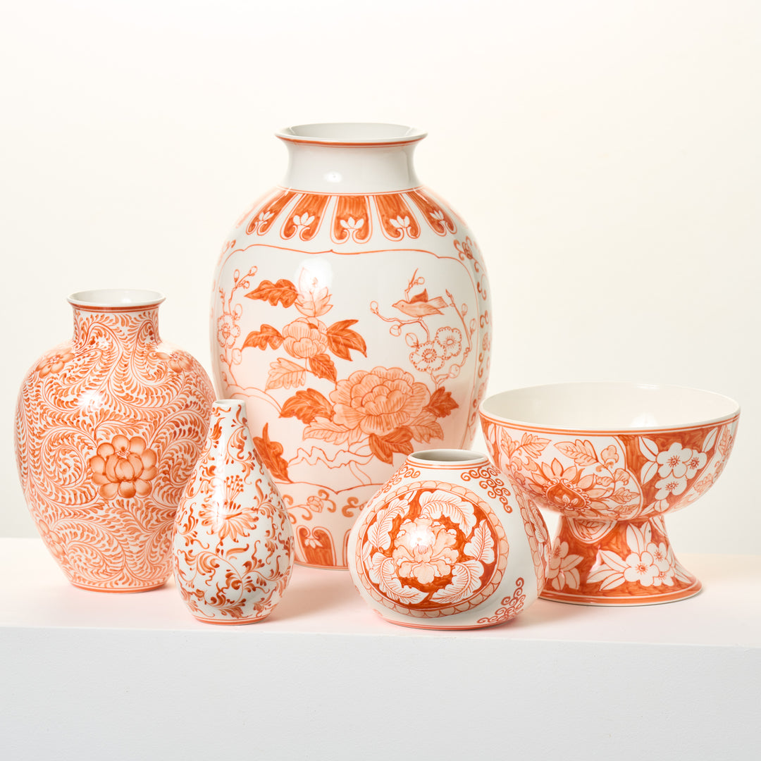 Coral Orange & White Hand Painted Chinoiserie Ceramic Elodie