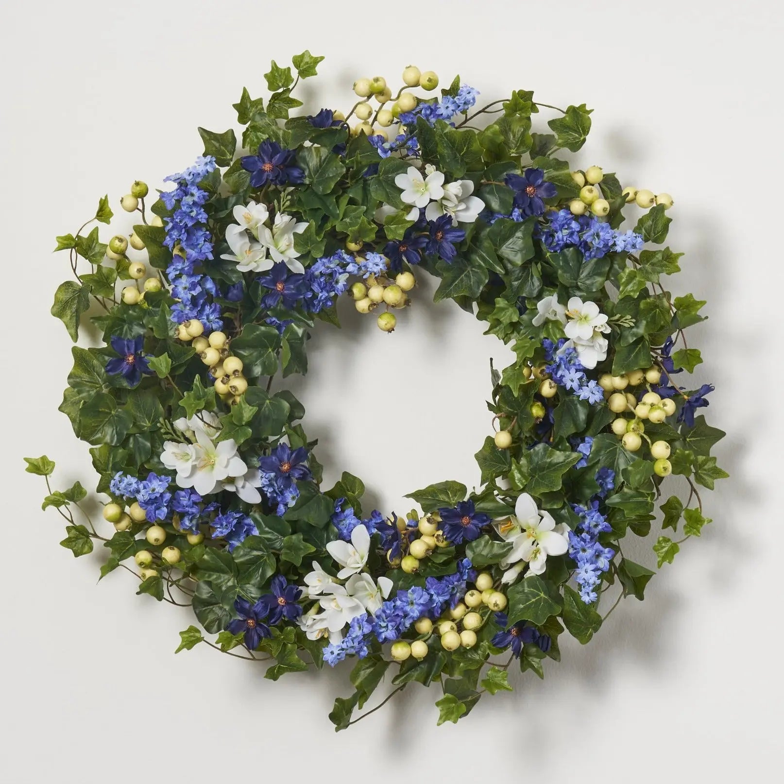 Blue Larkspur & White Freesia Spring Wreath - Front Door Decor