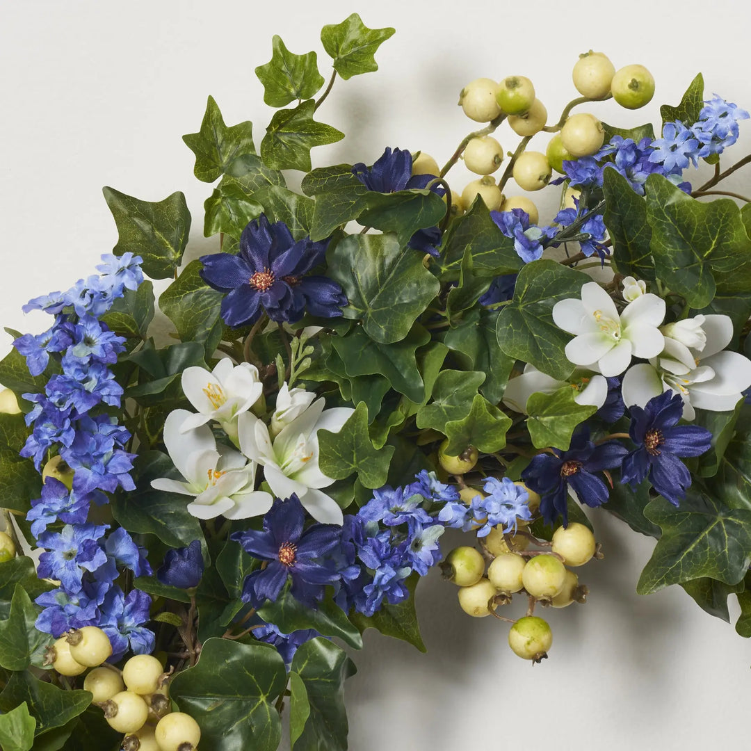 Blue Larkspur & White Freesia Spring Wreath - Front Door Decor
