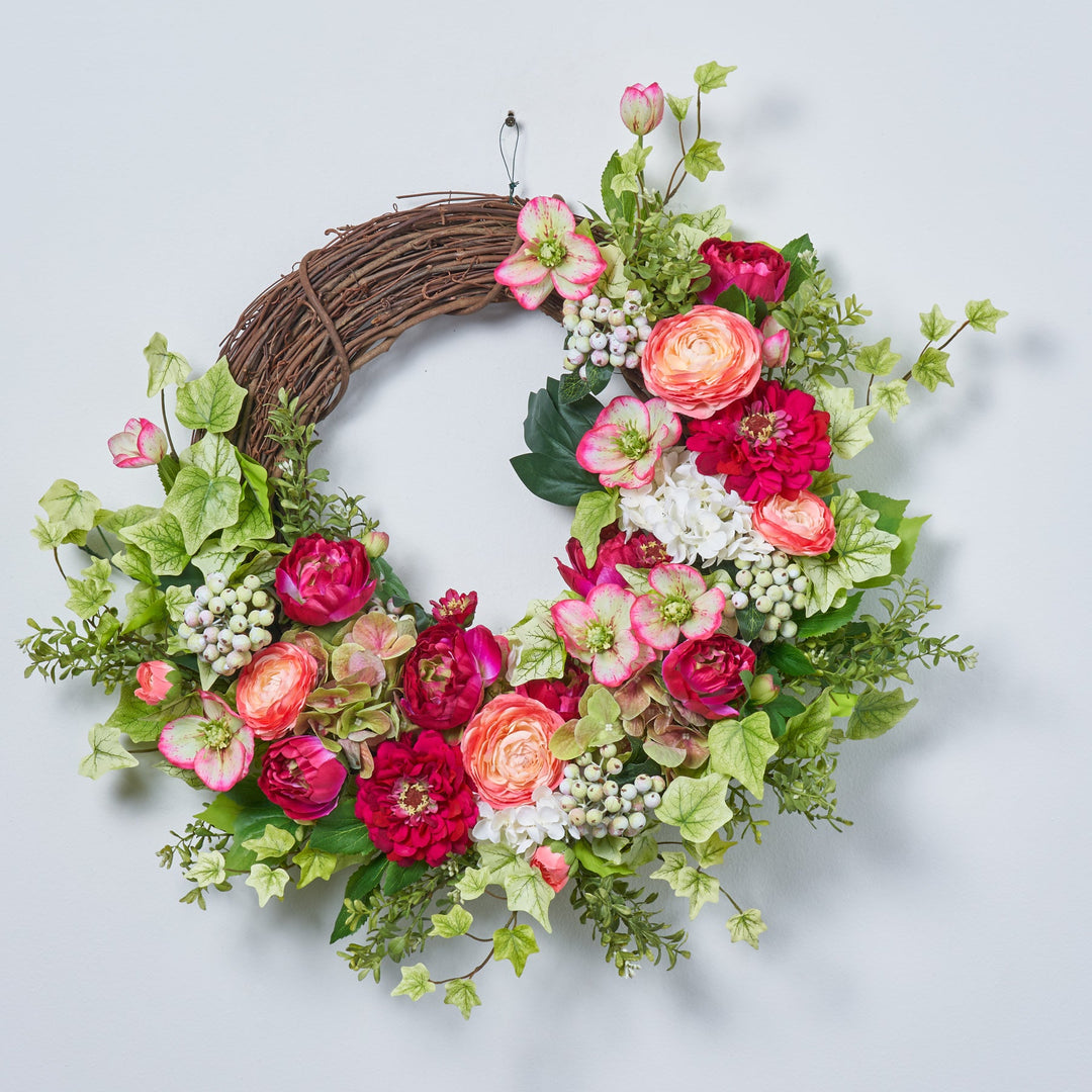 フラワー・リース rn Magenta Zinnia, Peonies with Coral Pink Ranunculus, Hydrangea