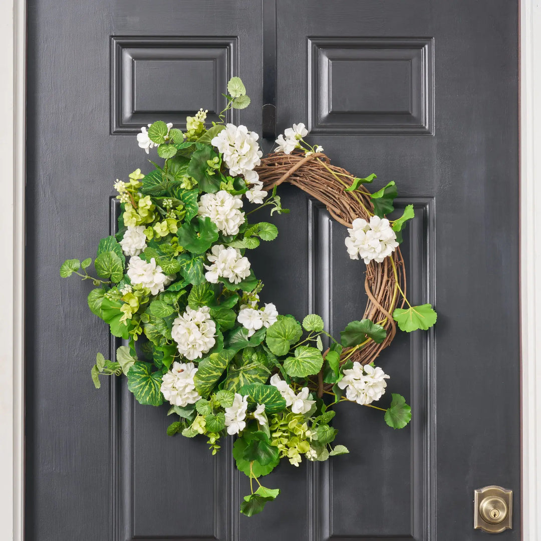 door hanging planter White Geranium & Eucalyptus Front Door Wreath 26"