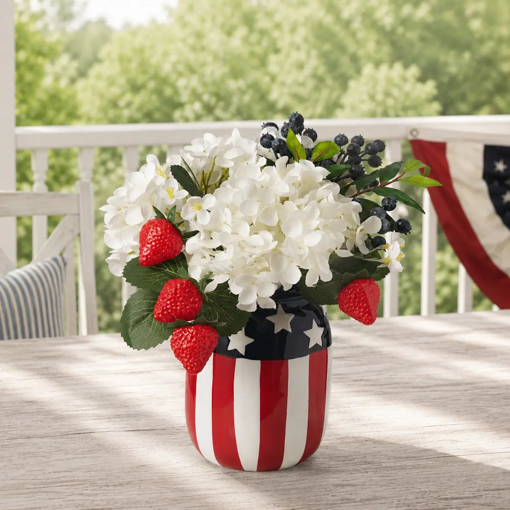 Faux Patriotic Hydrangea & Berry Arrangement in Flag Mason Jar