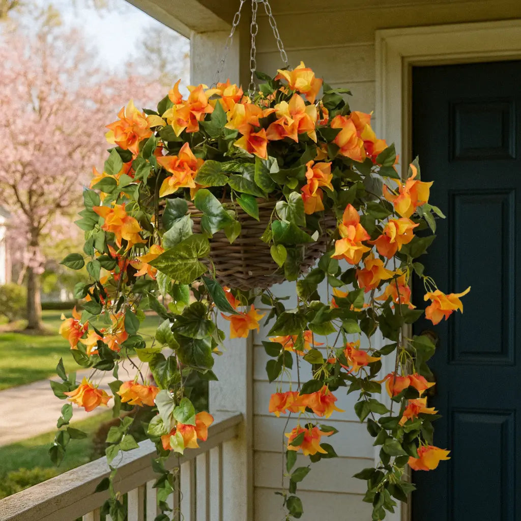 bougainvillea silk plant hanging basket Draping Orange Bougainvillea in Rattan Basket Faux Floral Spring Summer Hanging Basket