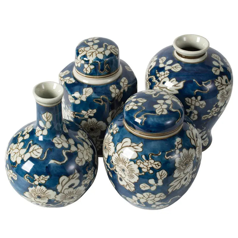 Hand Painted Blue & White Floral Chinoiserie Ceramic Ginger Jar
