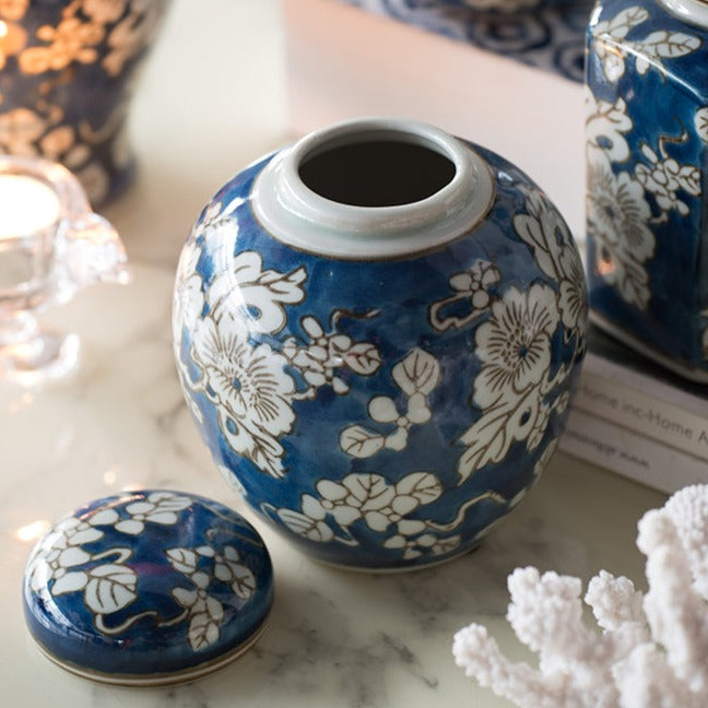 Hand Painted Blue & White Floral Chinoiserie Ceramic Ginger Jar