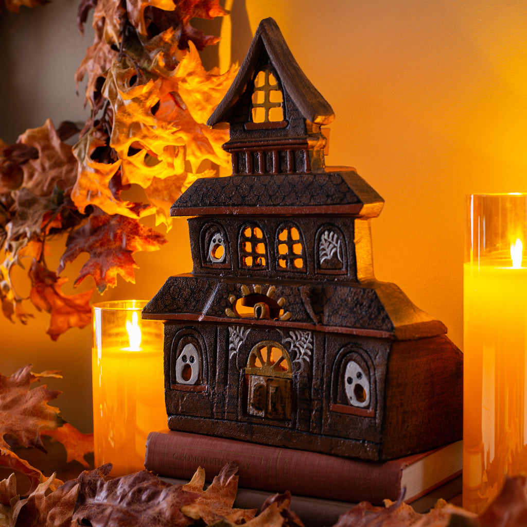 Spooky Ceramic Ghost Haunted House Luminary Candle Holder