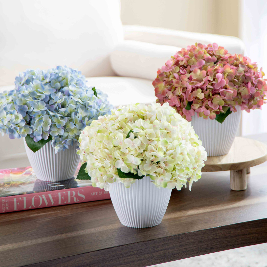faux hydrangea plant in pot Faux Hydrangea Bouquet Spring Summer All Seasons Arrangement in White Ridge Planter Vase