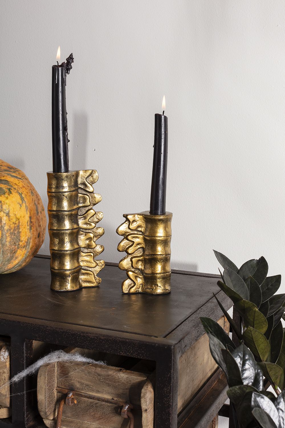 Antiqued Gold Lumbar Spine Gothic Candle Holder Halloween