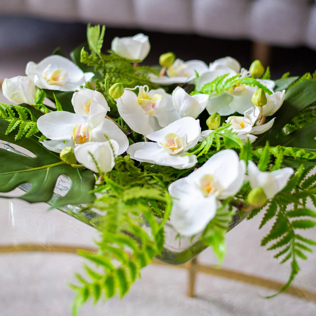 monstera plant arrangement White Orchid, Monstera Leaf, Mixed Fern Floating Garden Water Illusion Arrangement Square Everyday Floral Arrangement