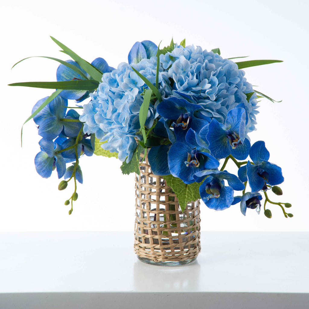 Real Touch Blue Hydrangea & Orchid Tropical Faux Spring Summer Illusion  Water Arrangement in Rattan Wrapped Vase