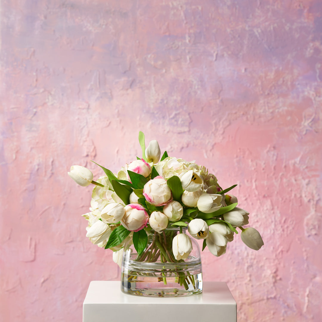 Real Touch Pink Peonies White Tulips with Hydrangea & Fern in Gold Foil newest Heather Ann Vase 18”H + Free Plush Bear