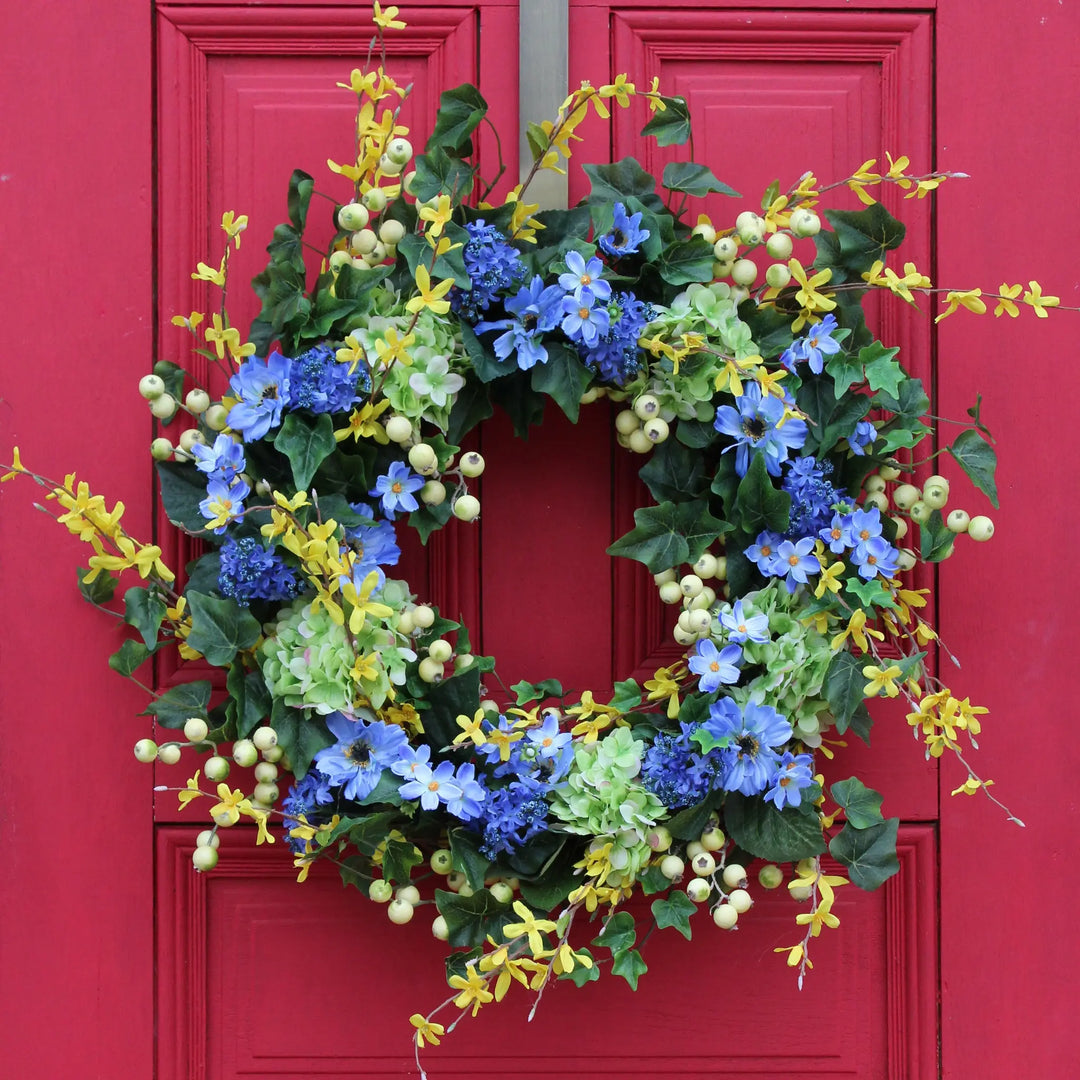 Green Hydrangea & Forsythia Spring Wreath - Blue Cosmos & Berry