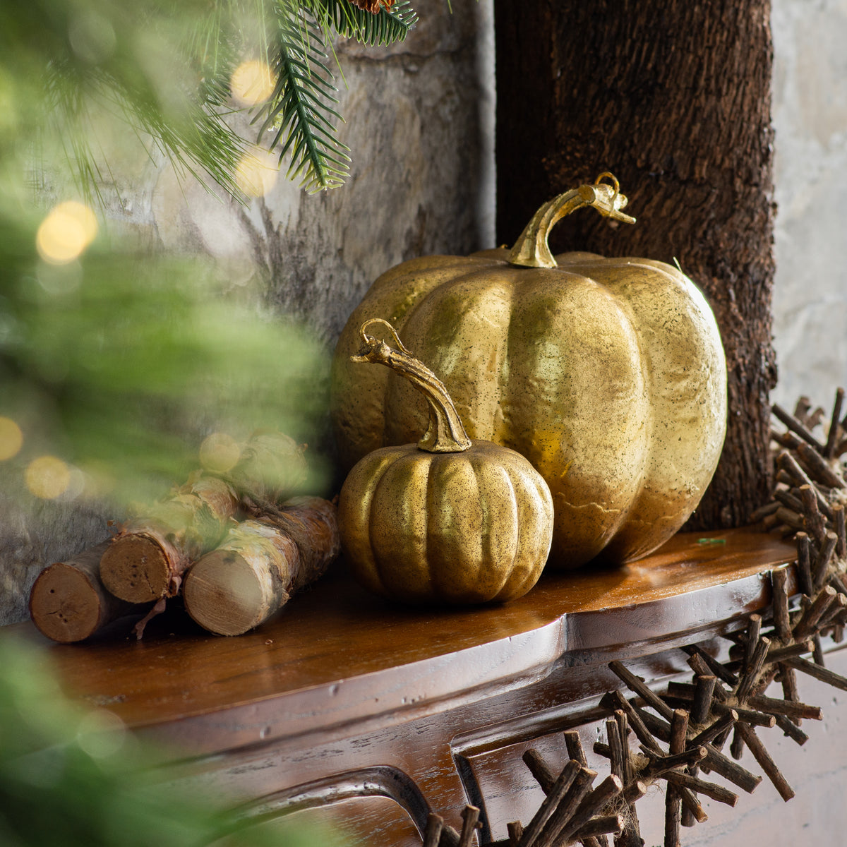 Gold Metallic Brushed Pumpkin with Stem Fall Home Décor - Set of 2 ...