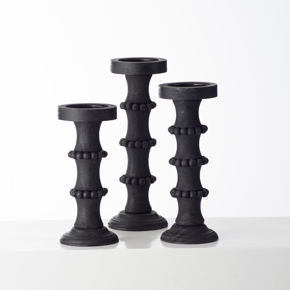Farmhouse Wood Bead Style Black Tiered Candle Holder Set of 3 Darby