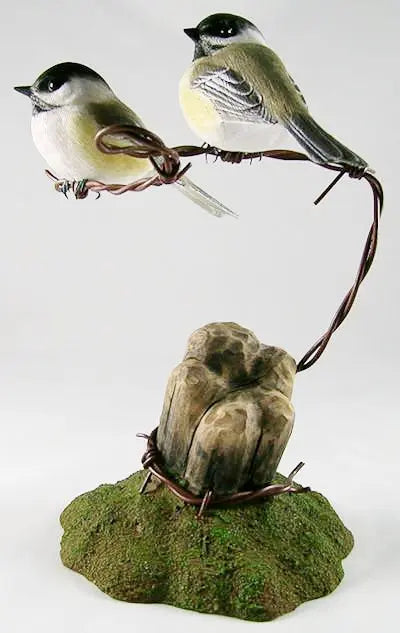 Pair of Black-capped Chickadees - Hand Carved Wooden Bird - Darby