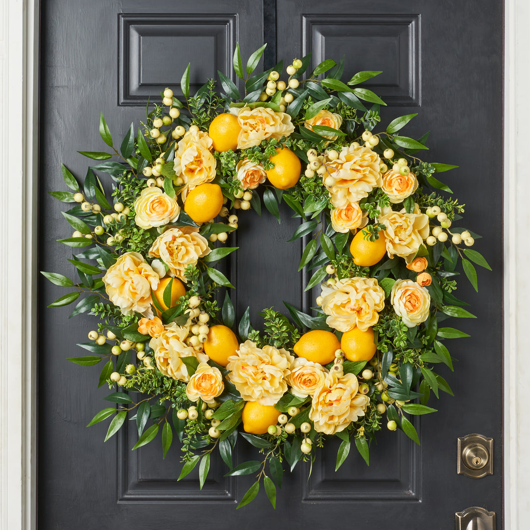 Large Summer Sunflower Rose Poppy Daisy Wreath with popular Oranges and Ribbon Citrus Front Door Wreath