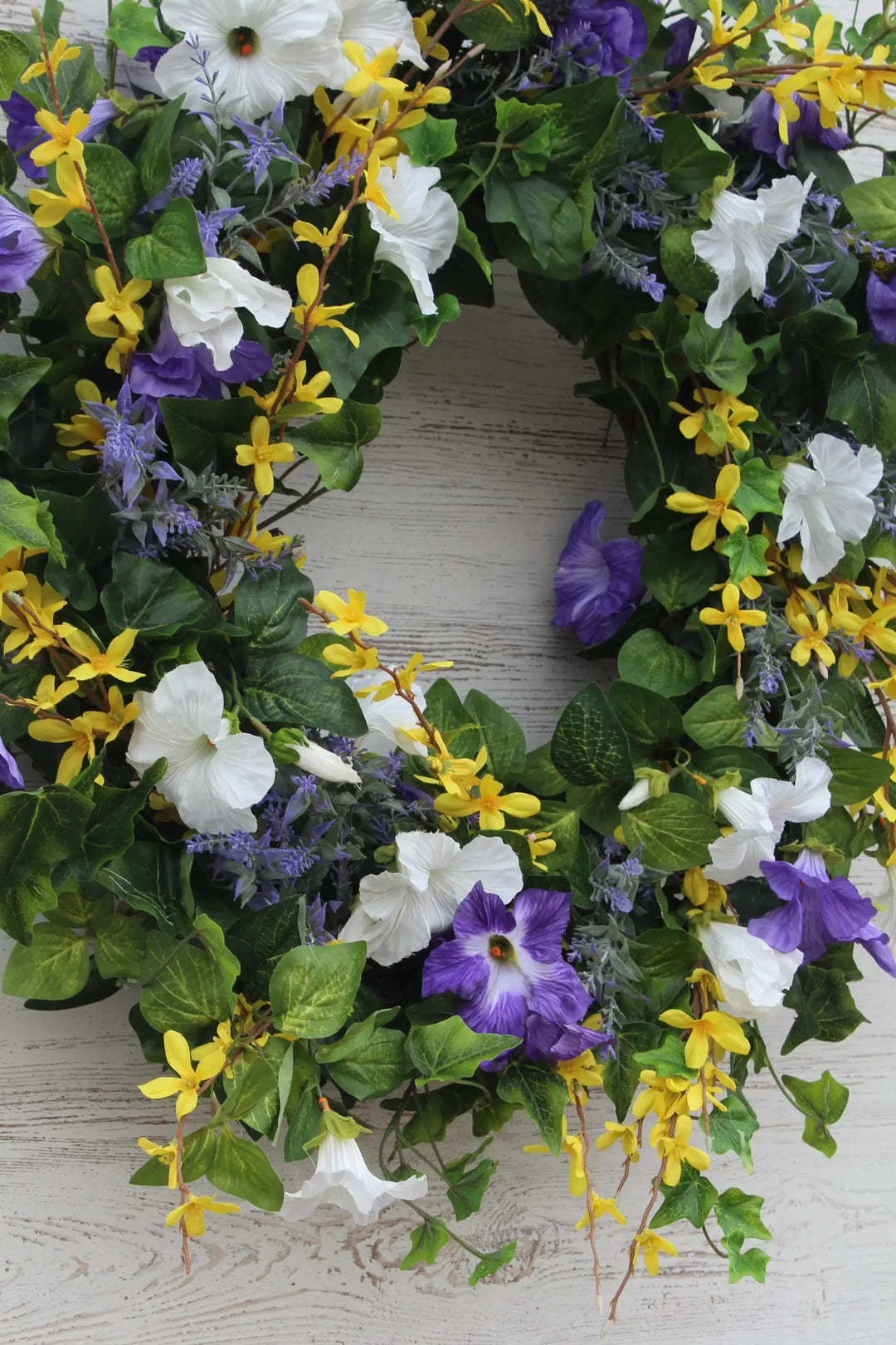 Faux Purple Petunia & Forsythia Spring Wreath 26