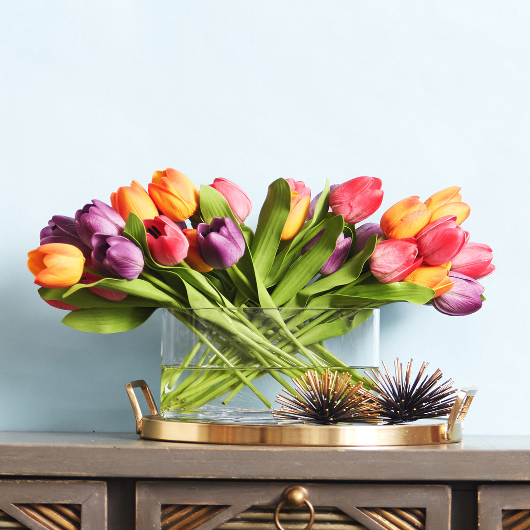 Real Touch Multicolor Tulip Spring Floral Arrangement in Oval  