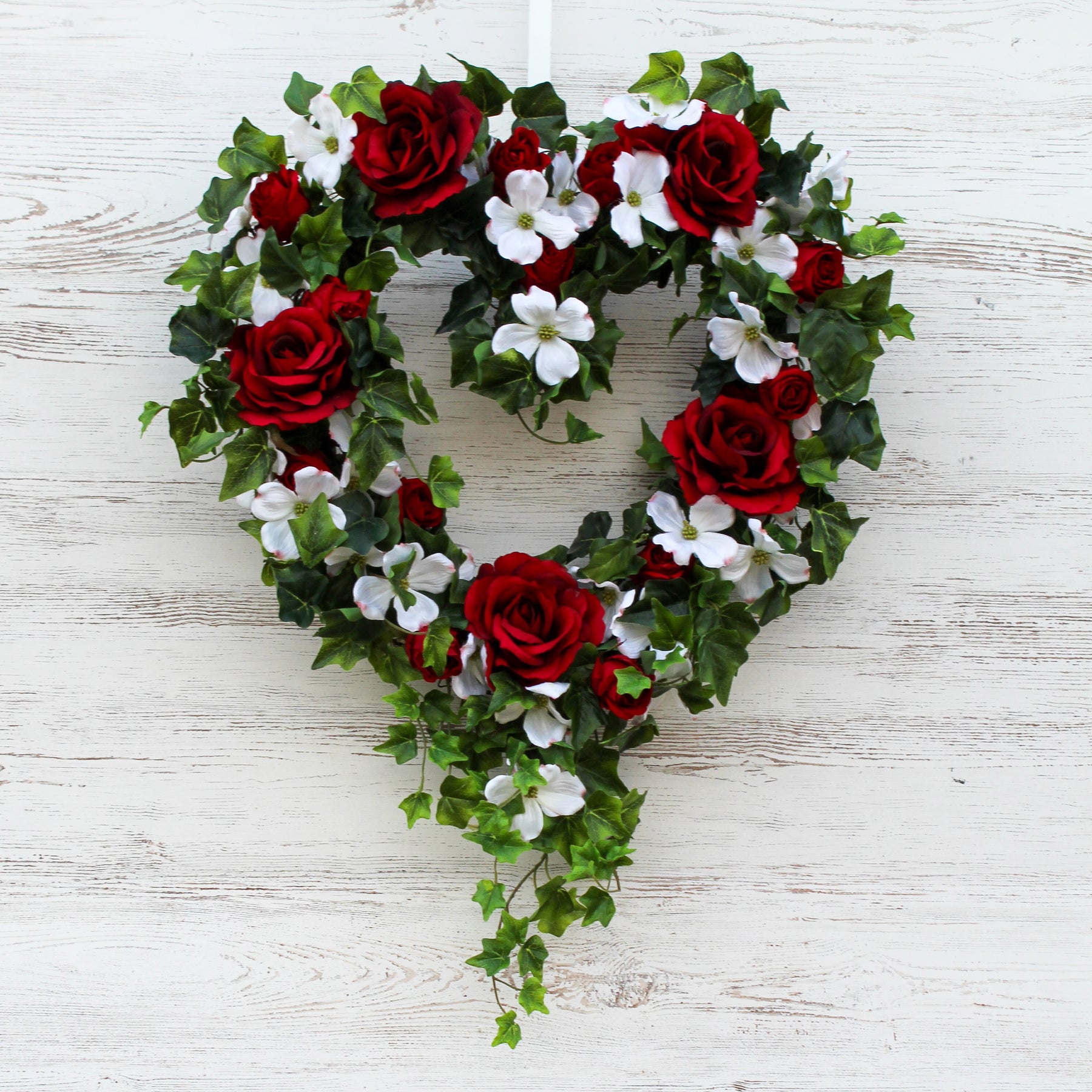 Red Rose, White Dogwood & Ivy Valentine's Heart Wreath – Darby