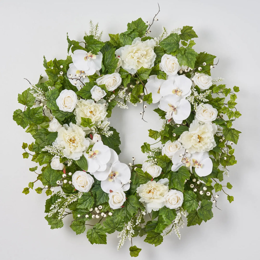White Real Touch Orchid, Peony & Rose Spring Summer Front Door