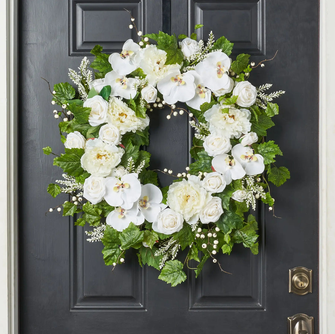 White Real Touch Orchid, Peony & Rose Spring Summer Front Door