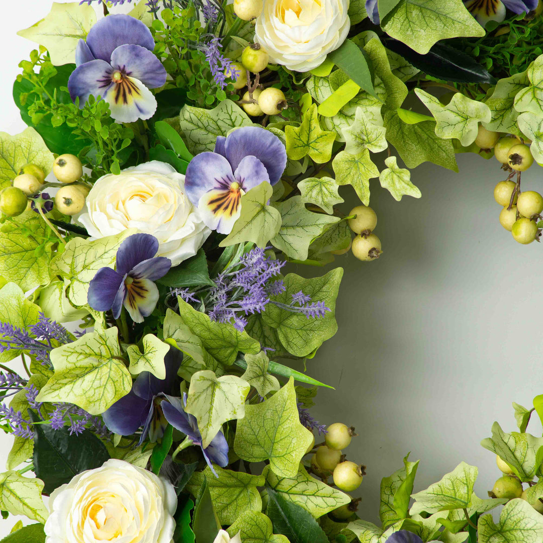 Purple Lavender Pansy, Cream Camellia & Gooseberry Spring Ivy