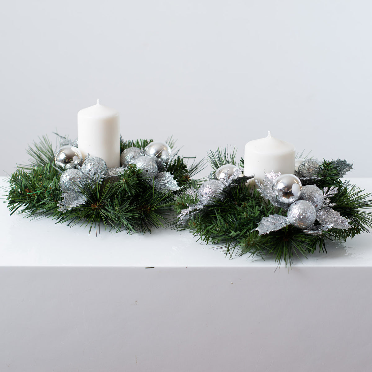 Silver Glitter Ornament & Pine Christmas Mini Wreath Candle Ring ...