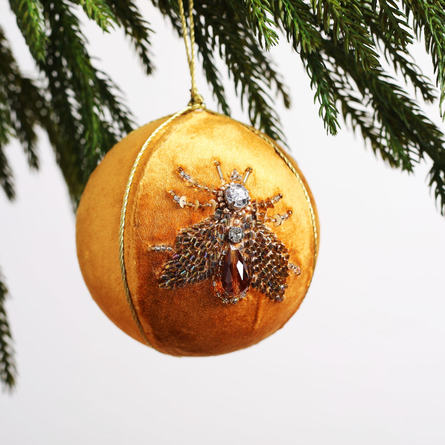 Velvet Golden Mustard Beaded & Embroidered Insect Christmas Ball