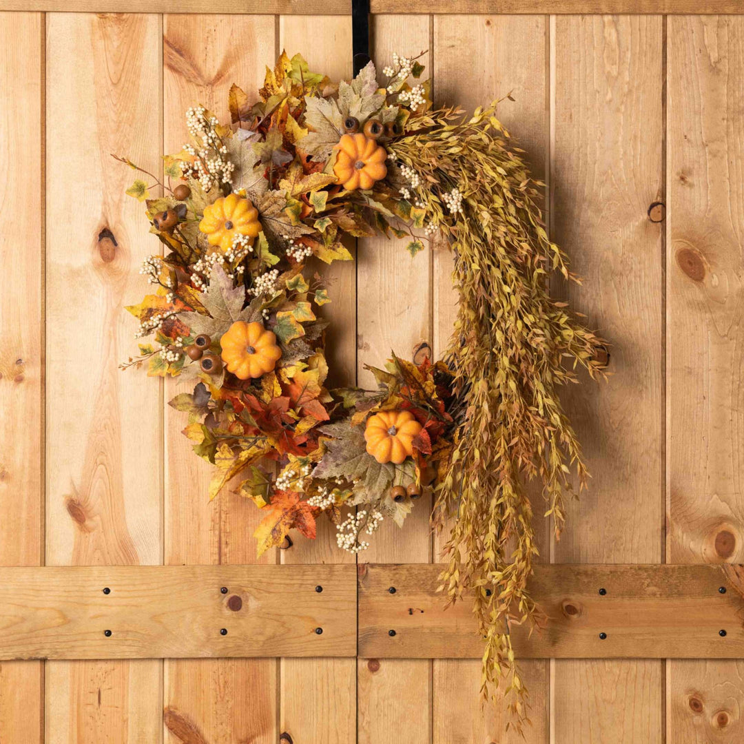 Autumn Harvest Cornucopia Fall Front Door Wreath with Pumpkin