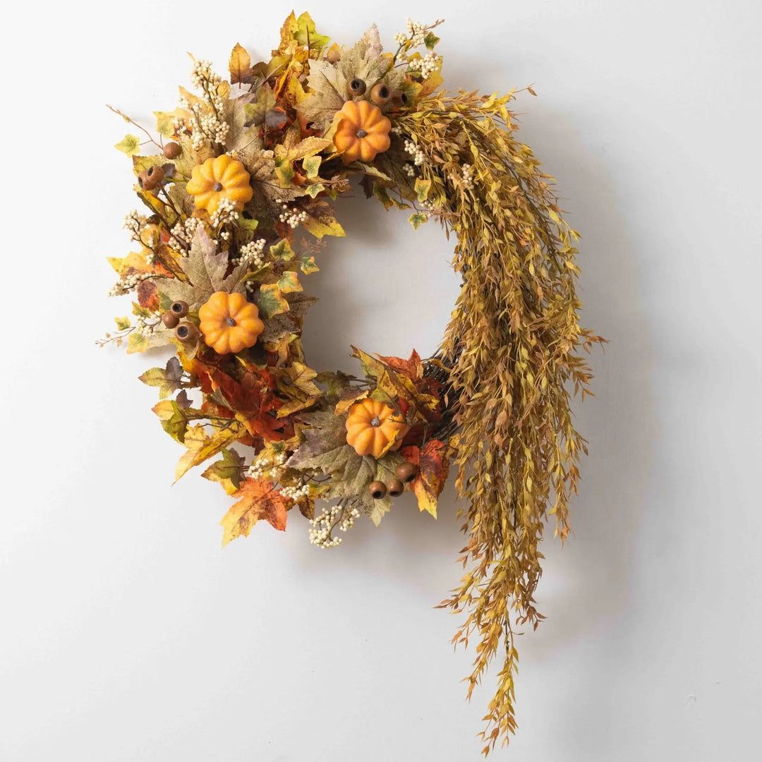 Autumn Harvest Cornucopia Fall Front Door Wreath with Pumpkin