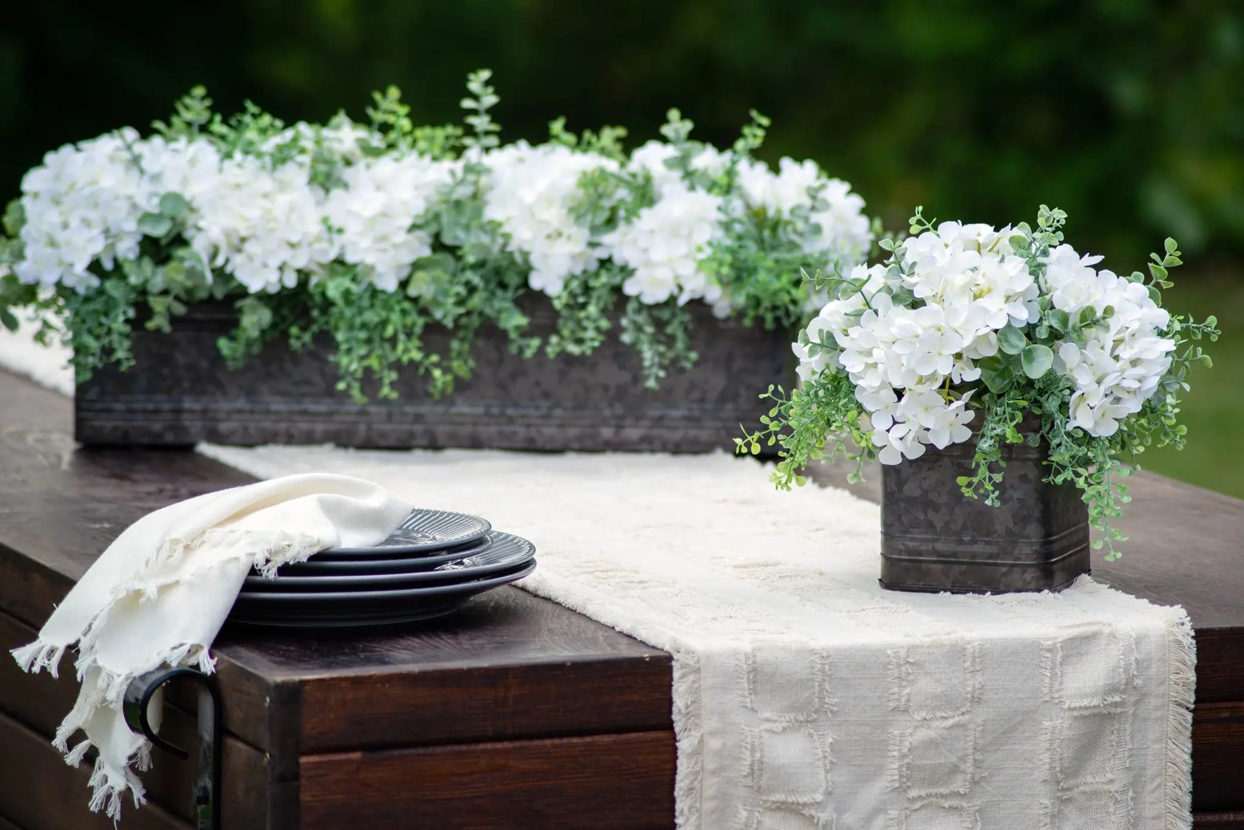 hydrangea and succulent centerpieces White Hydrangea & Mixed Eucalyptus Everyday Floral Arrangement – Darby Creek Trading