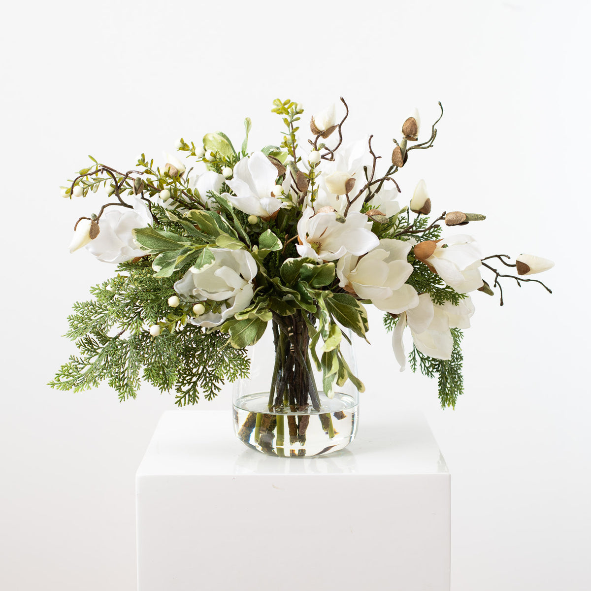 White Magnolia, Mixed Greens & Berry Everyday Winter Floral Arrangemen ...