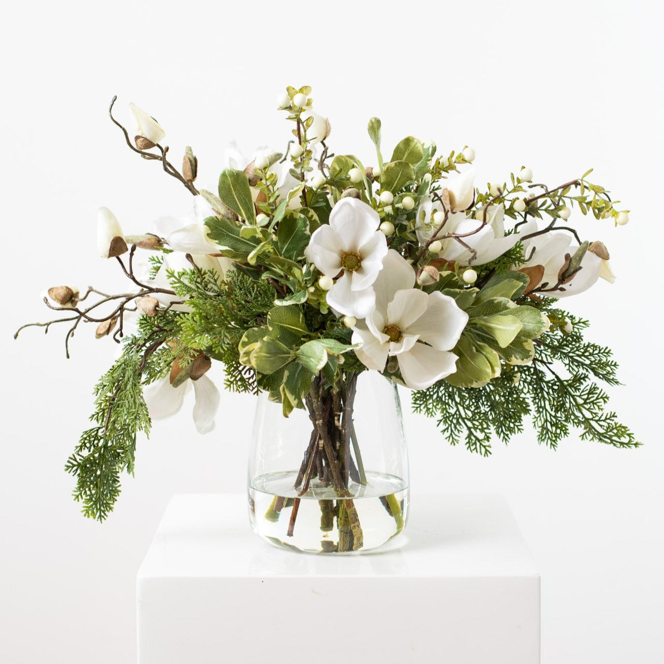 White Magnolia, Mixed Greens & Berry Everyday Winter Floral Arrangemen –  Darby Creek Trading